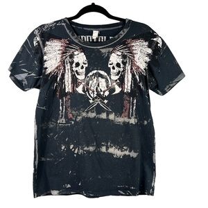 Vintage 3Pistols T-Shirt Hand Made Skulls Metal Beading Embossed Size Medium